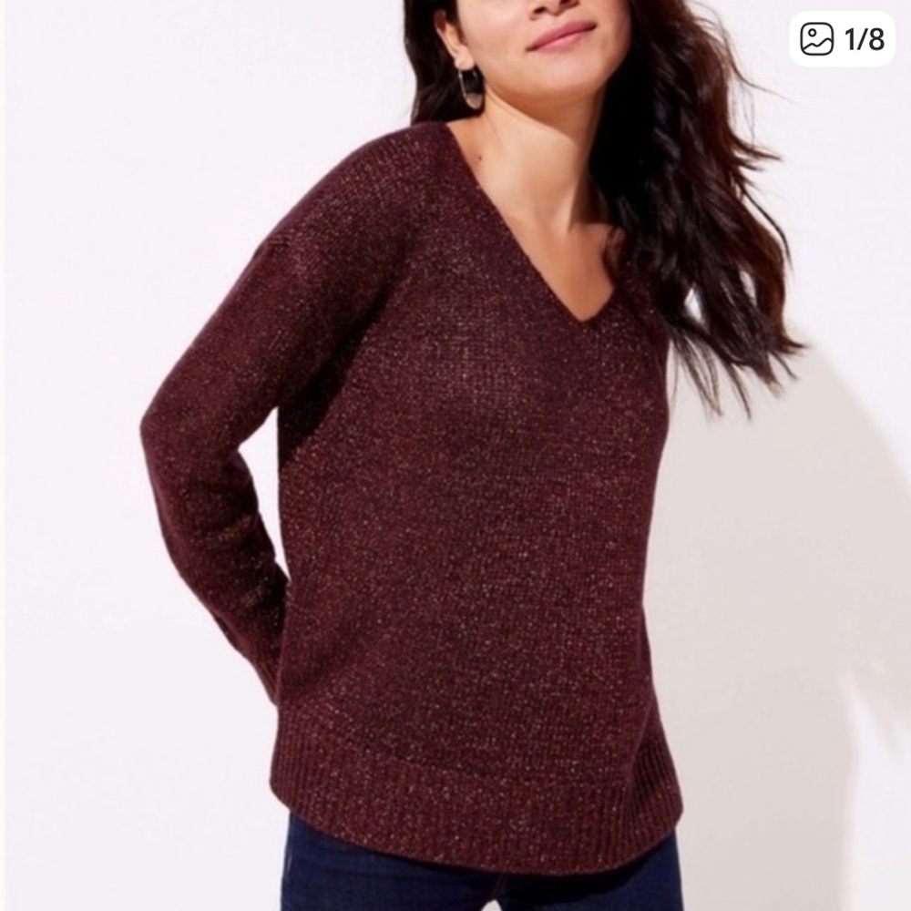 LOFT V-Neck Shimmer Sweater in Bronze Metallic